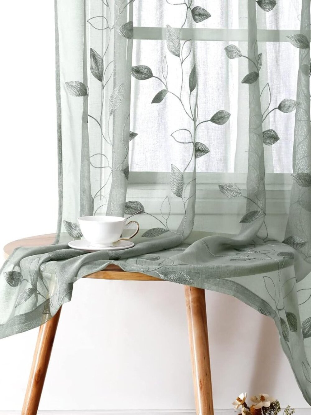Sage Green Sheer Curtains Leaf Embroidered, 52x63 Inch, 2 Panels